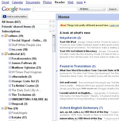 googlereader Google Reader organizes your RSS feeds and podcasts