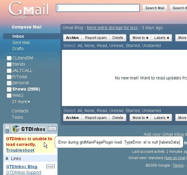 gtdinbox Error message for GTDinbox